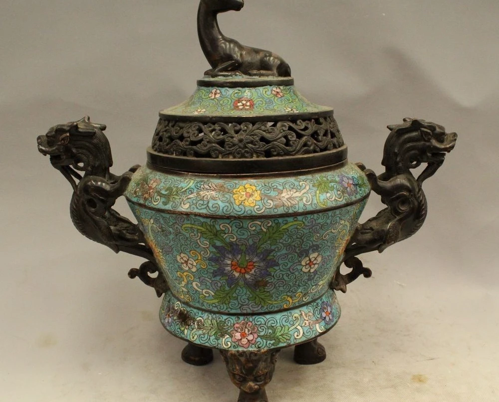 

15" Marked Chinese Cloisonne Enamel Bronze Two Dragon Deer Incense Burner Censer