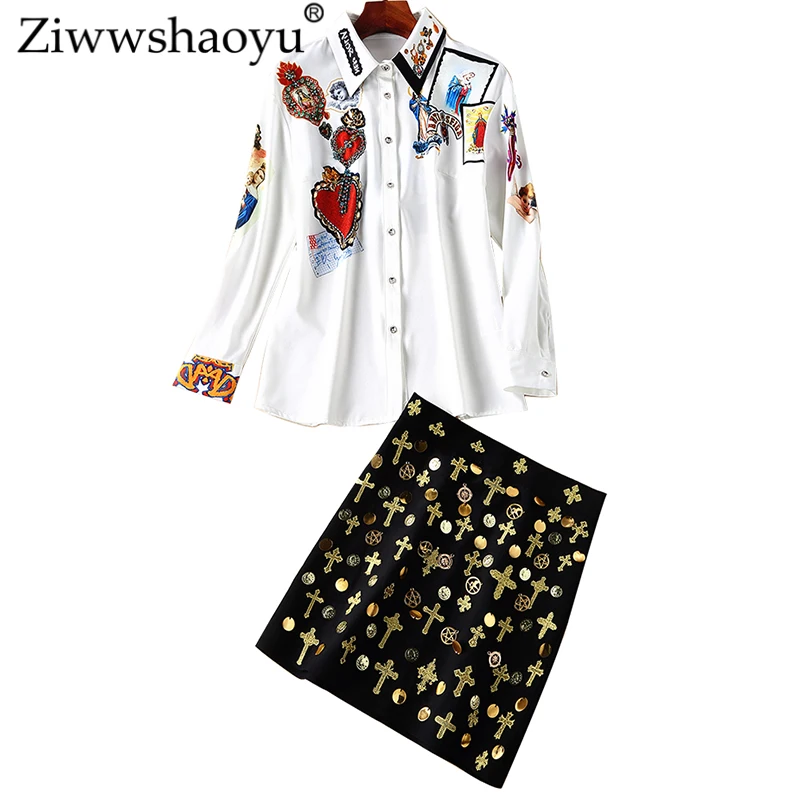 

Ziwwshaoyu Vintage Sequined Half skirt + Diamonds Print shirt temperament Two-piece suit 2019 spring and summer new women Set