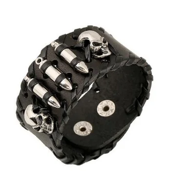 

New High quality leather bracelet men Stainless Steel bullet two skulls viking bracelets for women punk rock snap button jewelry