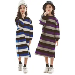 Платье для девочек с длинным рукавом одинаковые Семейные наряды осень в полоску детское платье Одежда для девочек платья для мамы и дочки 12