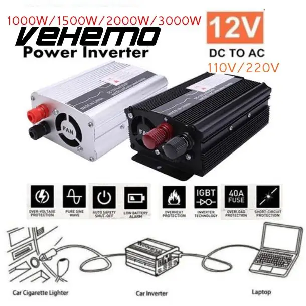 

Vehemo DC 12V To AC 110V 3000W Peak Solar Power Inverter Transformer Car Inverter Power Inverter Intelligent Converter