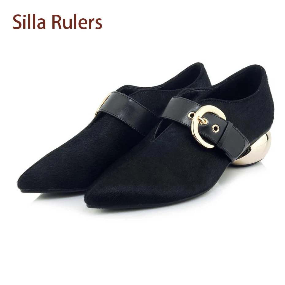 

Silla Rulers Brand 2018 Spring New Horsehair Strange Heel Women Pumps Fashion Leopard Pointed Toe Buckle Strap All Match Shoes