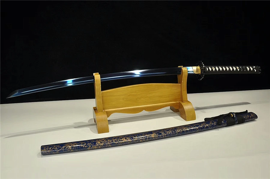 Hand-Made japanese Sword Samurai Katana T10 Steel Blue Blade Sharp Wood Sheath