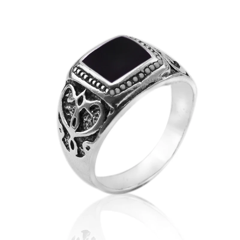 Size:8-11 High Quality Antique Silver Plated Men Ring Christmas New Ring Black Square Enamel Rings Fine Jewelry