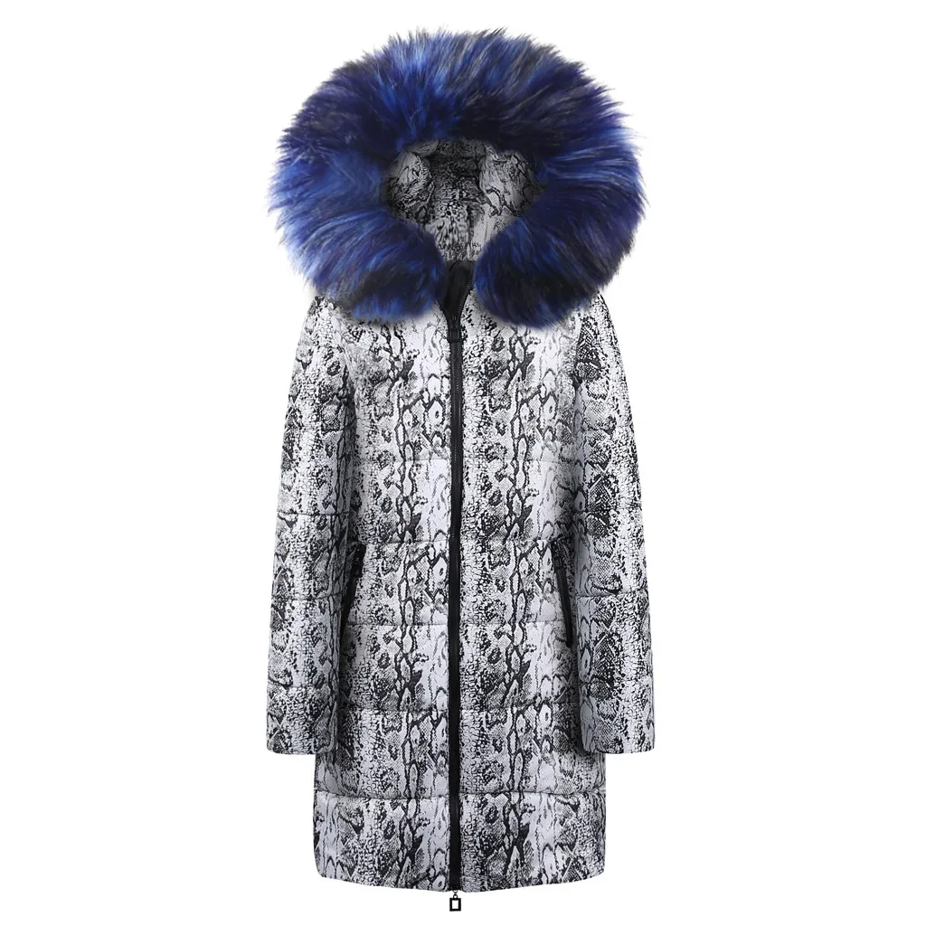 Зимнее теплое плотное пальто, женское длинное пуховое хлопковое пальто со змеиным принтом, парка большого размера, повседневное пальто с капюшоном, куртка, верхняя одежда, парки/PT - Цвет: Синий