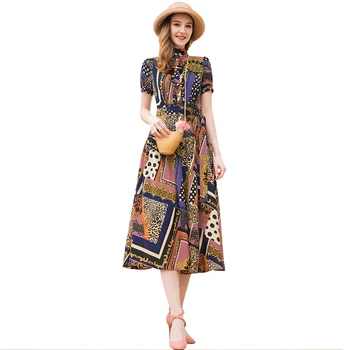 

Summer Chiffon Short Sleeve Dress Fashion Buttons Designer Leopard Printed Dress Women Mid-Calf Maxi Dress DZ2122