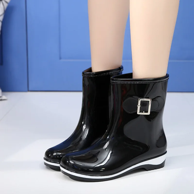 

Black Shoes Women Boots Mid-Calf Boots Rubber Rain Boots Shoes Female Autumn Buckle Chaussures Femme