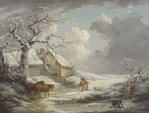 

oil painting "old woman,man,boy,horses,dog,snow landscape"