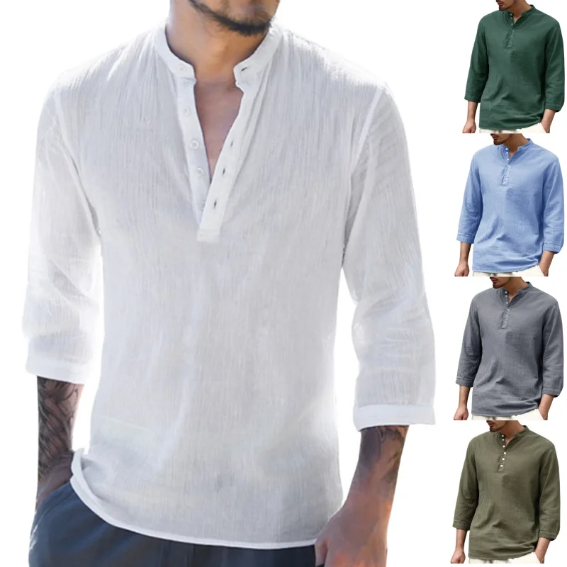 Men Summer Linen Shirt New Fashion Men's Button Retro High Quality V-Neck Tops Mens Clothes 2019 Man Pullover Tops Shirts