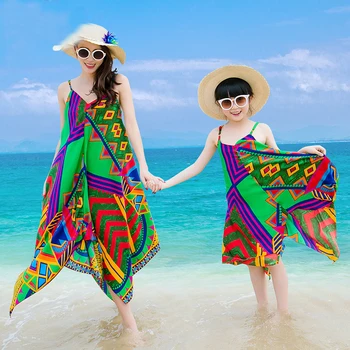 

Mother Daughter Dresses 2020 Pattern Maxi Dress Family Matching Clothes Uneven Hem Slip Dress Summer Long Sundress for Beach