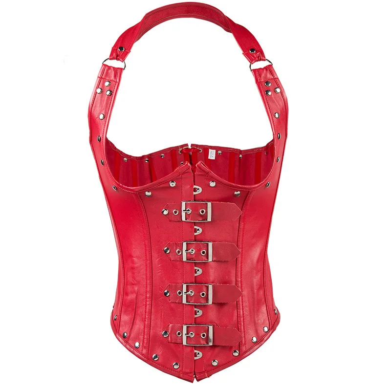 Halter Neck Red Leather Rivet Steel Boned Gothic Corset Underbust