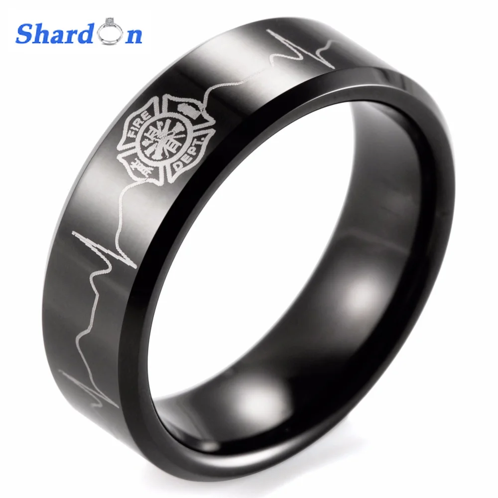 

SHARDON ring men Black Beveled Tungsten Carbide Firefighter Shield & EKG Design Outdoor Wedding Band men firefighter rings