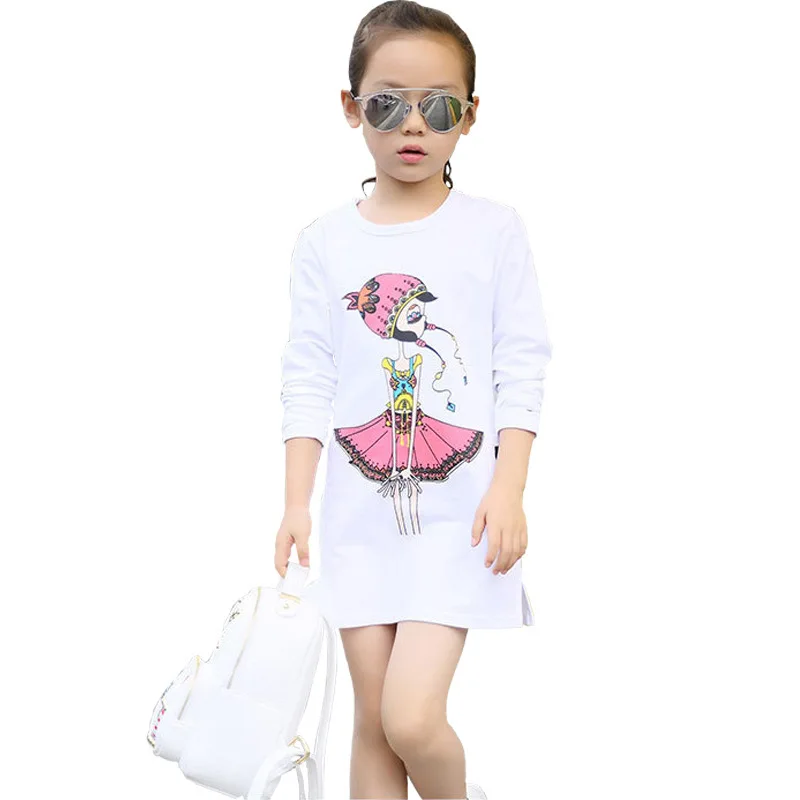 

Cartoon Pattern Cute Dresses for Girls New Long Sleeve Cotton Girls T-shirt Clothes Casual O-neck Toddlers Teens Children Dress