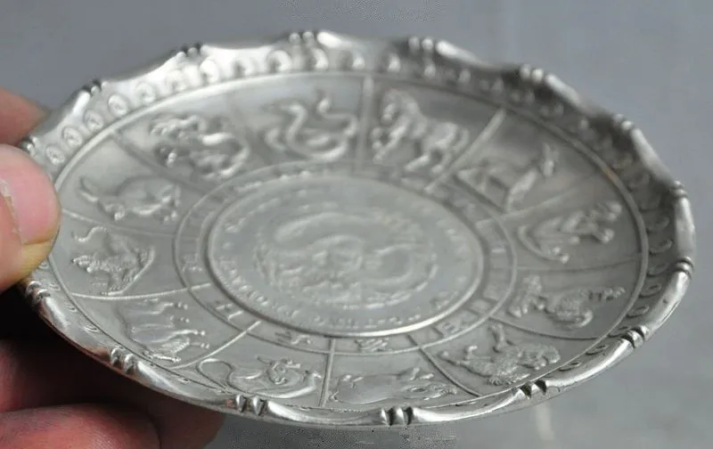 Китайский Фэншуй тибетский серебряный 12 Зодиак животного Статуя Дракона зверя тарелка "монета" семейные подарки на Рождество орнамент