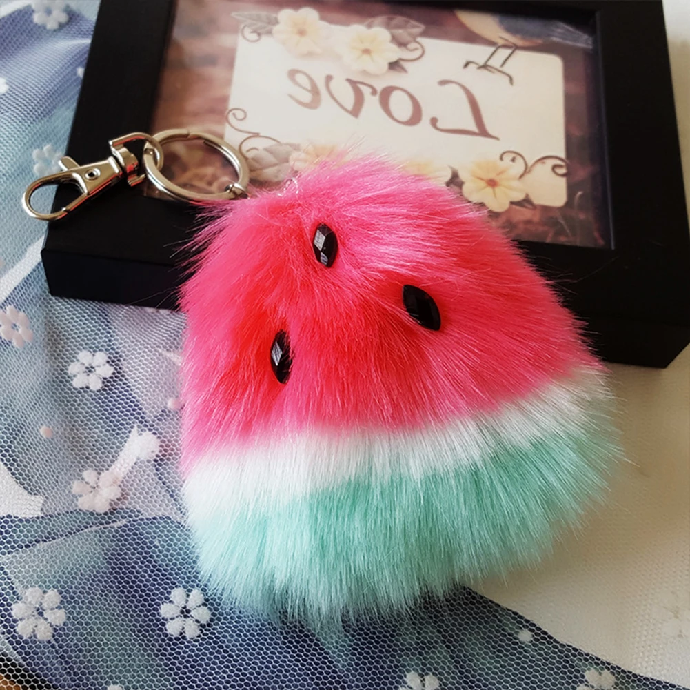 

Cute Watermelon Keychain Faux Fur Ball Keychain Bag Car Key Ring Pendant Key Chain chaveiro melancia lighting chain FASHION