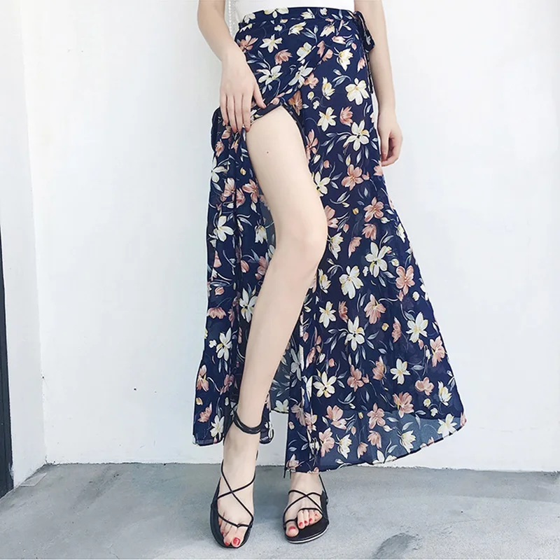 

Chiffon Long Wrap Skirt Long Summer Ladies Maxi Boho Floral Skirts Women Beach Skirt Wrap High Waist Lace Up Beach Skirts Summer