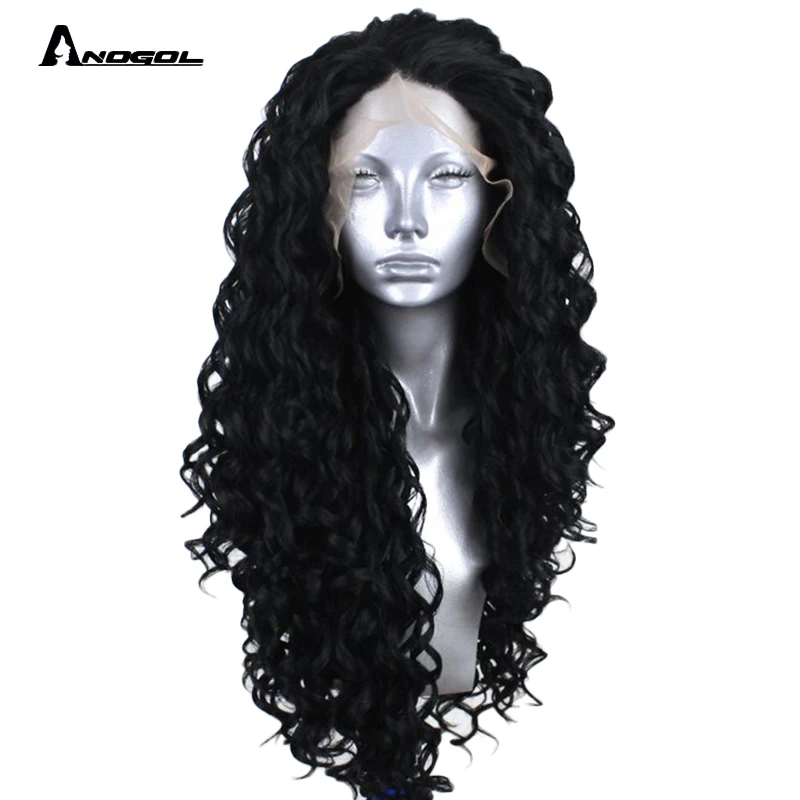 

Anogol High Temperature Fiber glueless Brazilial Hair Long Kinky Curly Black Synthetic Lace Front Wig For African American Women