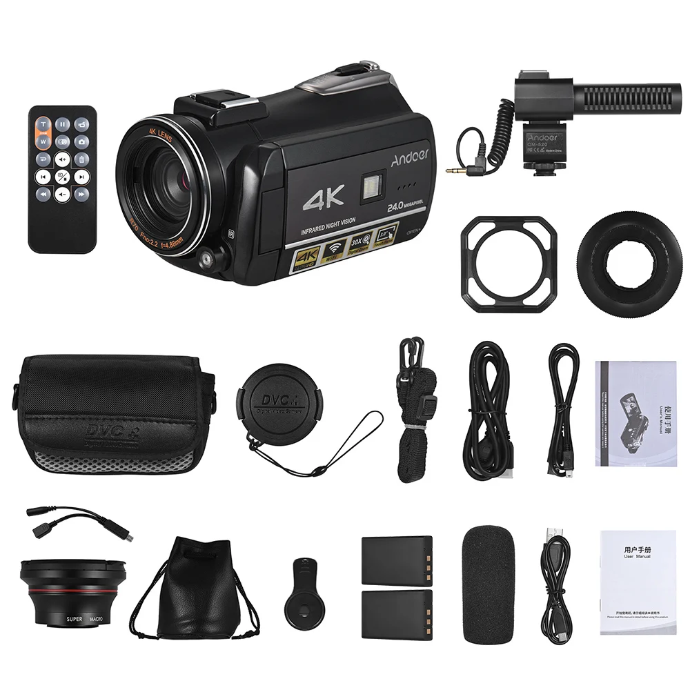Andoer Профессиональная цифровая видеокамера 4K профессиональная видеокамера с Экстра 0.39X широкоугольный объектив+ бленда+ внешний микрофон
