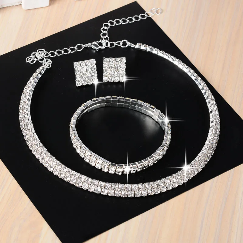 3 шт роскошный свадебный комплекты украшений для женщин ожерелье браслет Австралия со стразами длинные серьги набор эластичный 11,11 распродажа - Окраска металла: 2 row square