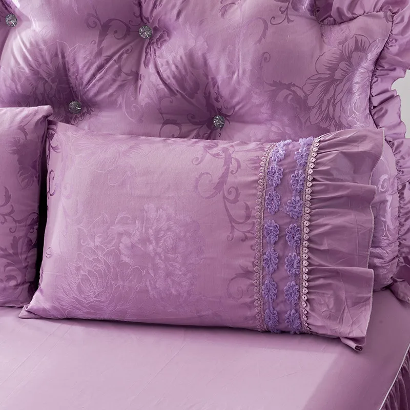 Романтические фиолетовые Кружева Принцесса Свадебные Постельные комплекты покрывало 4 шт. жаккард сатин оборками пододеяльник постельное белье кровать юбка хлопок