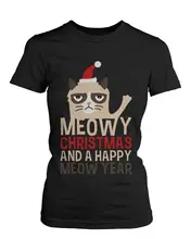 Women’s Christmas Graphic Tees – Cute Grumpy Kitten Meowy Black T-shirt Female Cotton Casual T Shirt Plus Size Top Tee