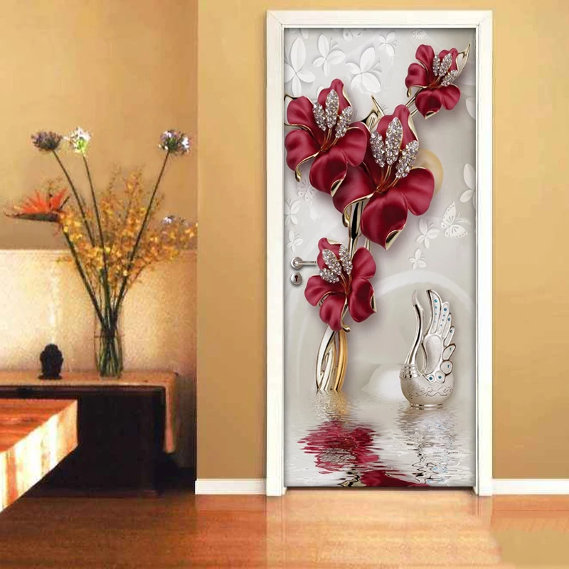 Красный цветок бабочка украшения 3D двери стикер s домашний декор Современная Гостиная Спальня двери украшения стикер Настенные обои
