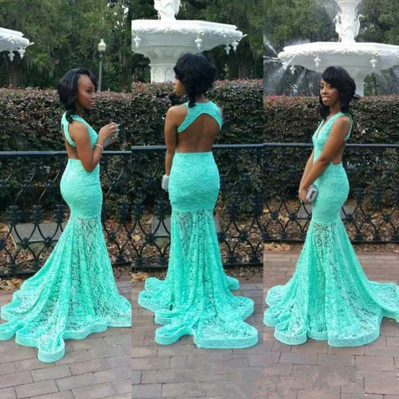 

2017 Turquoise Lace Dress for 2017 Prom Sexy Open Back Memraid Sweep Train Evening Dresses V-Neck Party Dress Formal Dresses