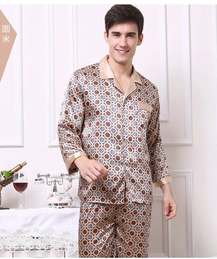 mens satin pajama set Men's Long Sleeve Silk Homewear Male Spring Summer Long Sleeves Pyjamas Lapel Handsome Luxurious Silk Nightwear 2pcs D-2183 soft cotton pyjamas