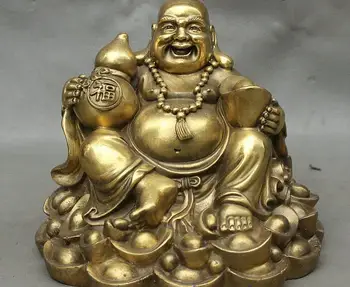 

Chinese Brass Hold Wealth Fu Gourd YuanBao Happy Laughing Maitreya Buddha Statue