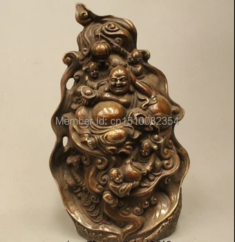 

13" Lucky China Buddhism Bronze Happy Laugh Maitreya Buddha Boy Gal Statue