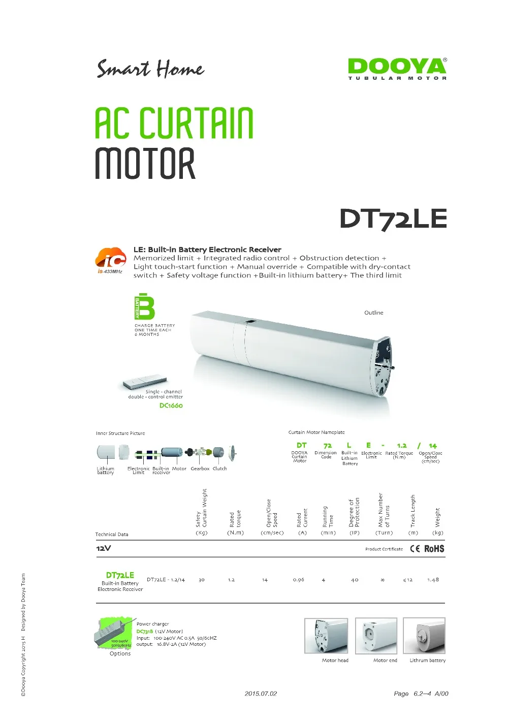 Dooya мотор для штор DT72LE DT82LE DT980LE 50 кг емкость встроенный аккумулятор нет