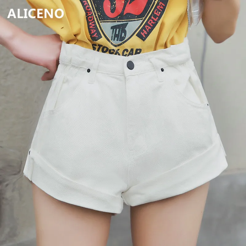 ALICENO/Новинка 2019 года, летние свободные джинсовые шорты с высокой талией, трапециевидной формы, женские винтажные короткие шорты, большие