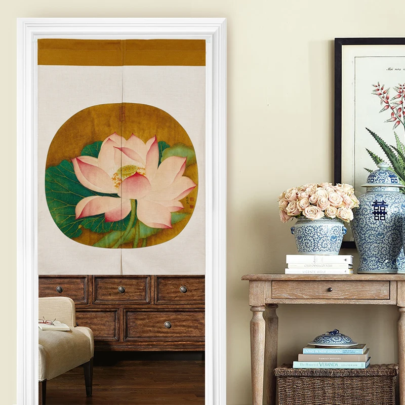 Chinese Feng Shui Ink Curtain Lotus Linen Fabric Living Room Bedroom