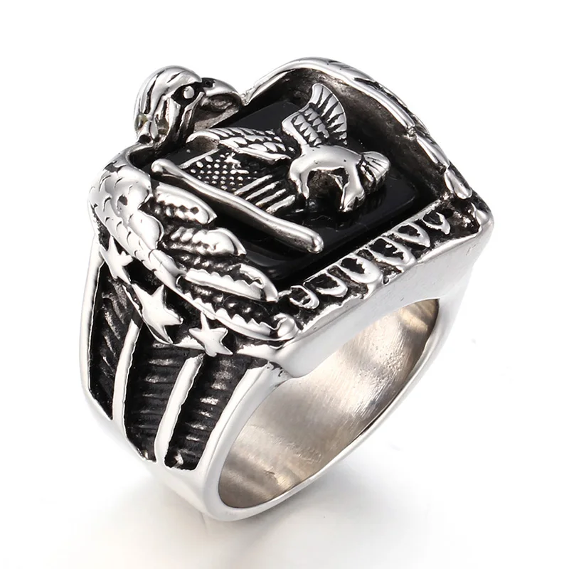 Usa American Flag Freedom Eagle Ring For Men Punk Gothic Silver