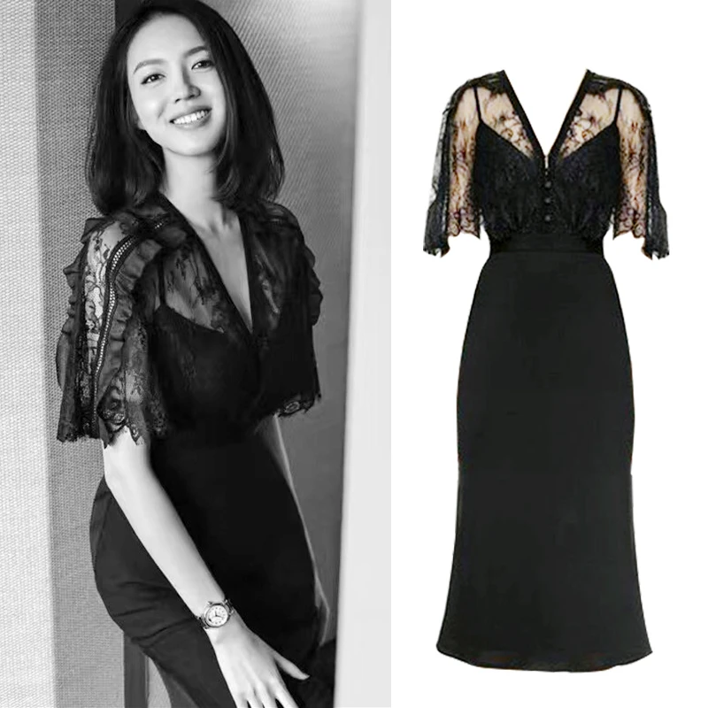 2018BacklackgirlElegantBeautifulBlackLaceDressLonguetteHertz