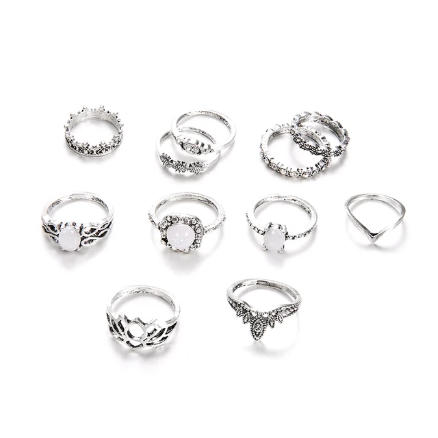 11 PCS/Set Vintage Knuckle Opal Rings for Women Boho Geometric Flower Crystal Ring Set Bohemian Midi Finger Jewelry Bague Femme