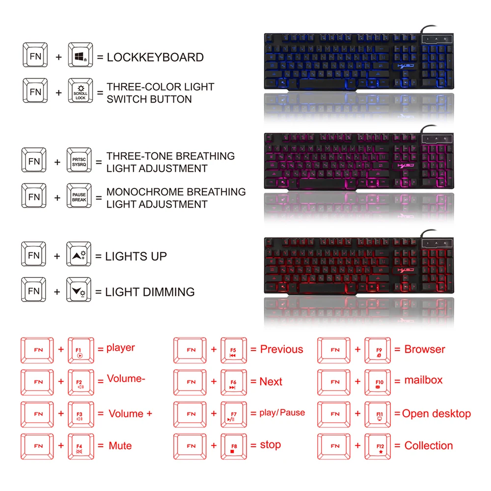 Русский Английский Gaming Keyboard USB проводной клавиатуры колпачки 3 светодио дный подсветкой Подсветка Клавиатура Teclado Gamer 19 Ключи