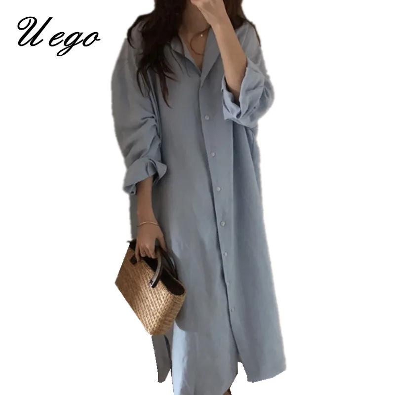 

Uego Cotton Frosty style Cozy Loose Lady Shirt Dress Long Sleeve V-neck Plus Size Prairie Chic Spring Dress Women Casual Dress