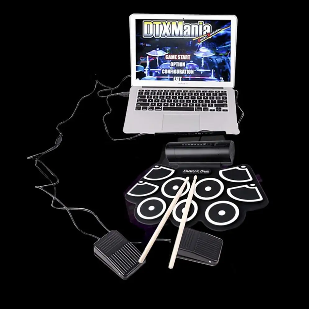 

Portable Roll Up Electronic Drum Set 9 Silicon Pads Built-in Speakers with Drumsticks Foot Pedals Support USB MIDI