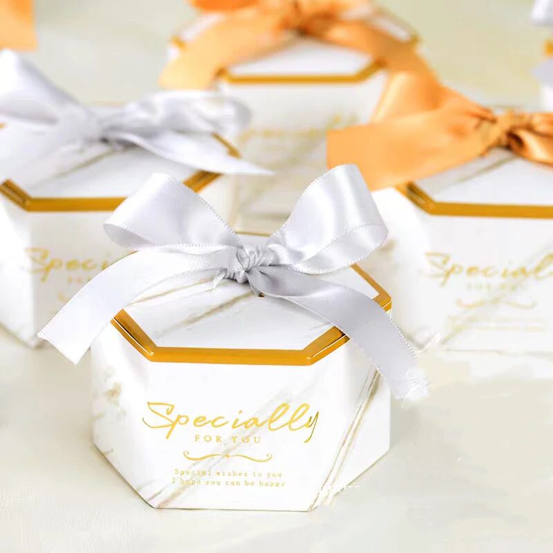 50pcs Hexagonal New white Marble style Candy Boxes Wedding Favors Party