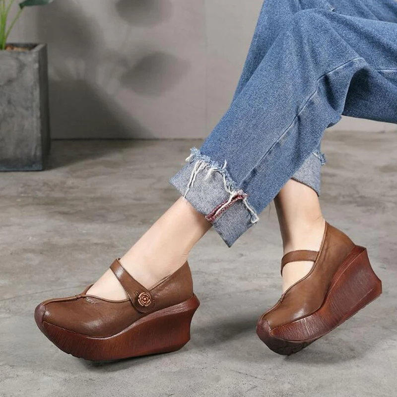 

Artdiya Original Spring 2019 New Genuine Leather Thick Sole Wedge Heels Women Shoes Platform Retro Handmade High Heels Shoes