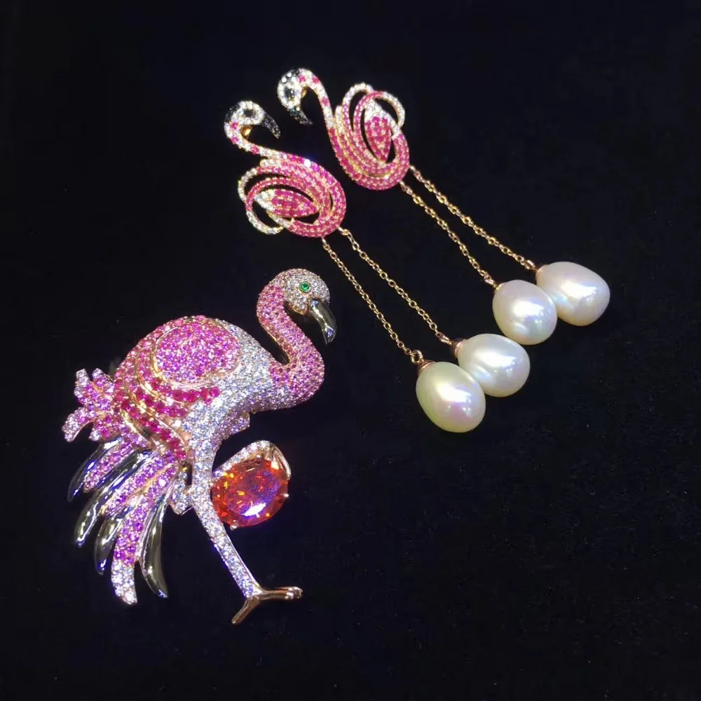 flamingo pendant and earring jewelry set 925 sterling silver with cubic