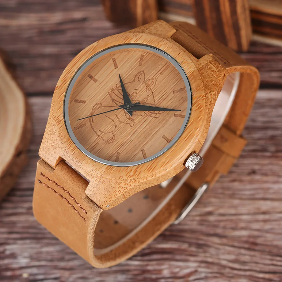 High Quality Men Wood Watch Natural Bamboo Wooden Handamde Lighweight Quartz Wristwatch CatDog Pattern Cute Animal Clock (21)