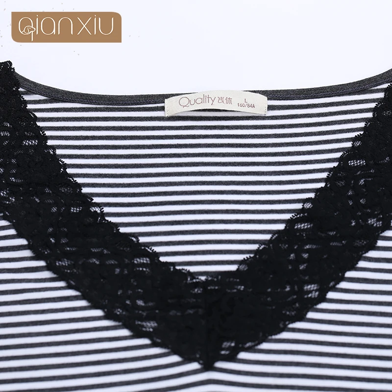Qianxiu Brand Pajamas Classic Stripes Sleepwear Knitted V-neck Pajamas Set  Women Free Shipping