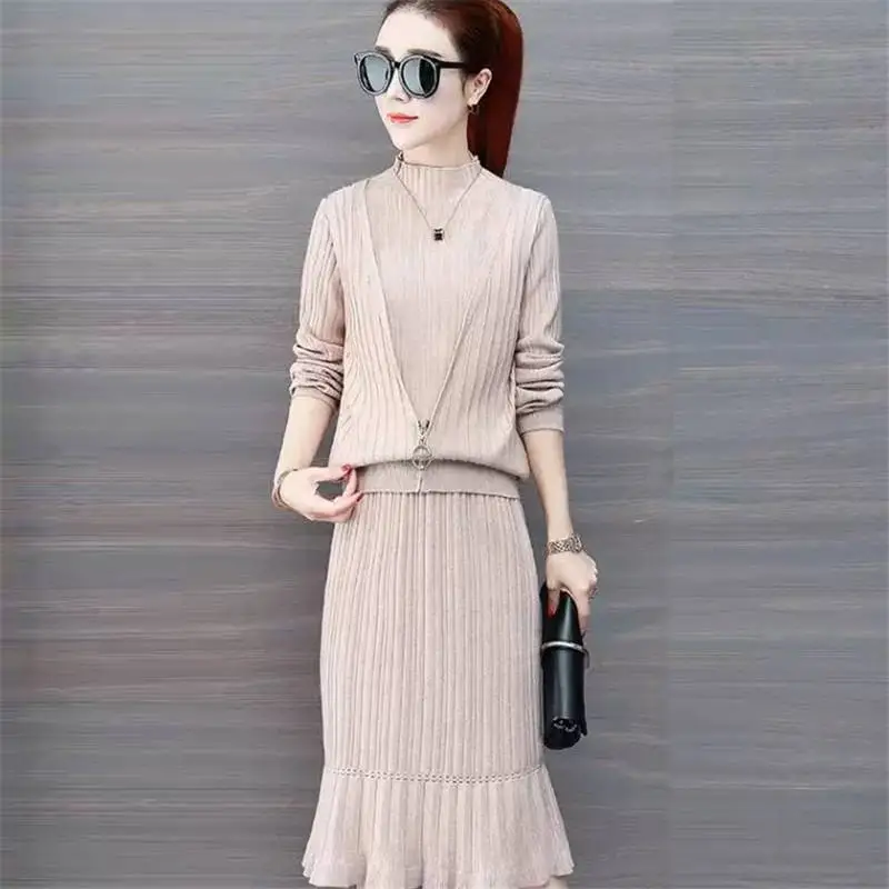 

2019 Winter 2 Pieces Top Sweater Dress Set Women Office Wear Casual High Waist Knitted Loose pleated Dresses Clothing Suits X128