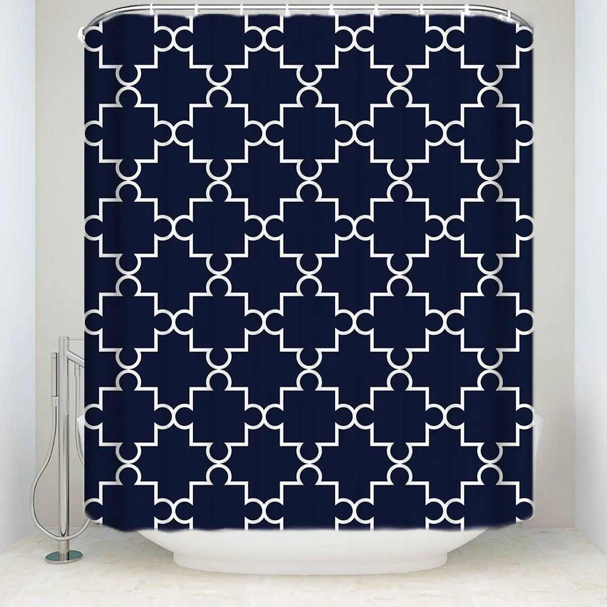 Geometric Patterned Shower Curtain Navy Waterproof Polyester Fabric