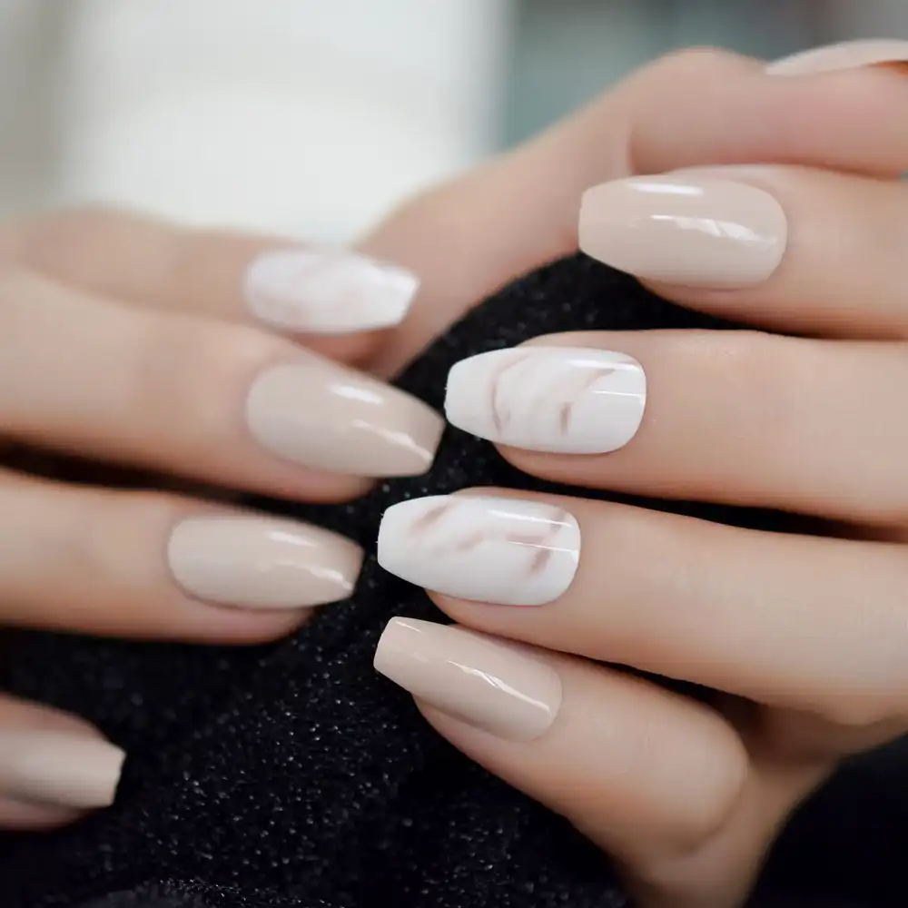 Marble Medium Coffin Nails Ballet PeachPuff Beige Color Pre