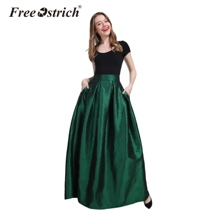 Винтажная плиссированная длинная юбка, женская вечерняя юбка, одноцветная, с карманами, длина до пола, вечерние юбки, Осень-зима, faldas mujer - Цвет: Green