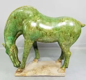 

15'' chinese tri-coloured Green glazed pottery ceramic a horse statue
