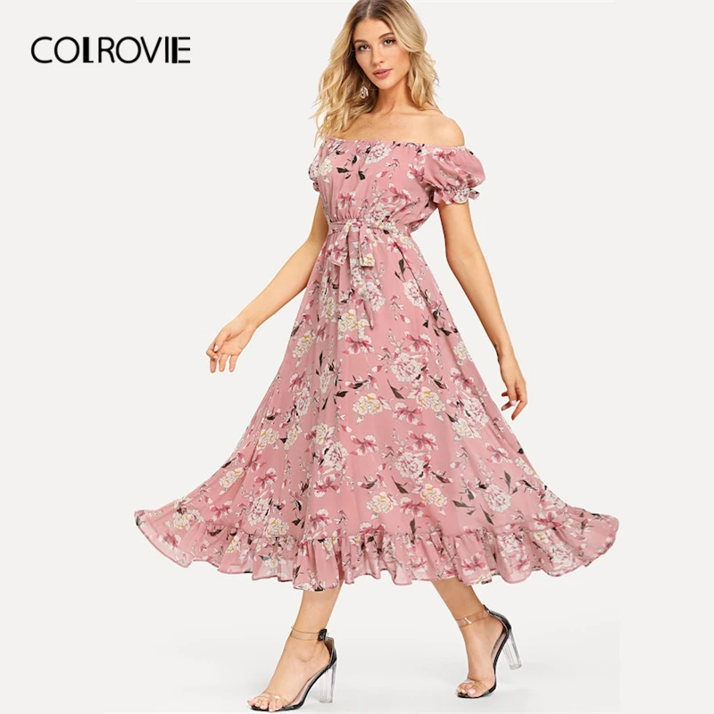 COLROVIE, розовое, с открытыми плечами, с поясом, цветочный принт, с рюшами, длинное платье для женщин, лето, повседневное, короткий рукав, бохо, Пляжное Платье